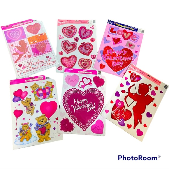 Lot Of 6~Valentine's Day Cupid Happy Valentine's Day Glitter Window Clings Sheet - Picture 1 of 7
